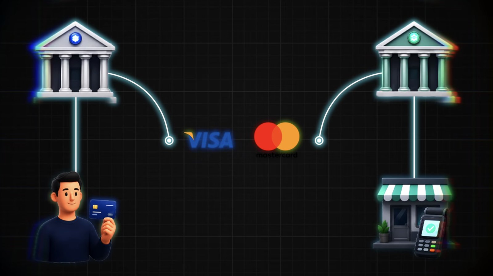 Le réseau à quatre coins : le client et sa banque à gauche, le commerçant et sa banque à droite, Visa et Mastercard au milieu
