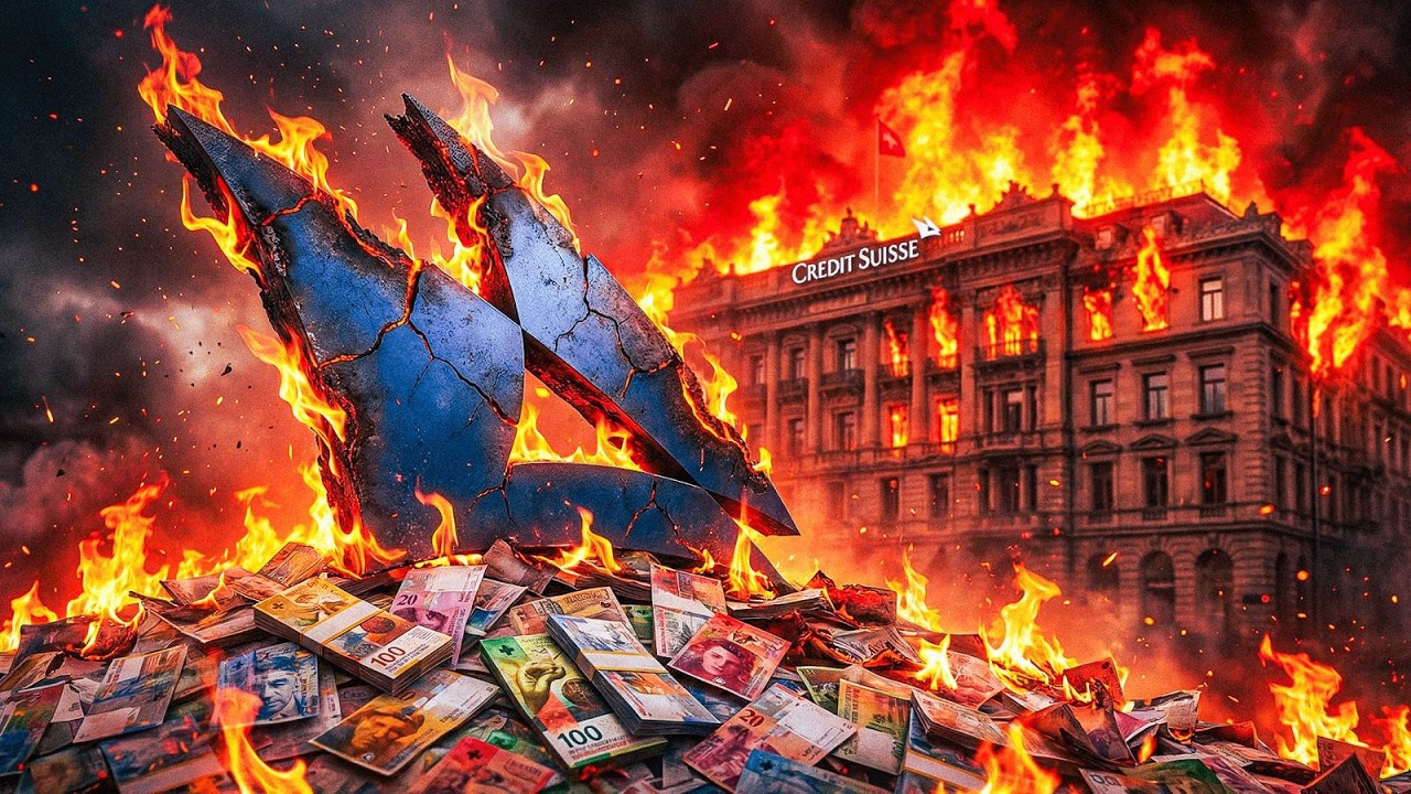 Logo du Crédit Suisse brisé en flammes devant le siège de la banque, sur un tas de billets en francs suisses
