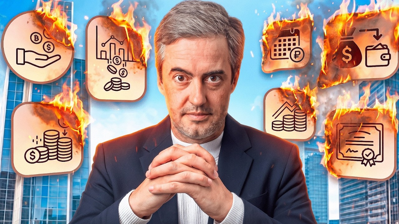 Nicolas Chéron, mains jointes, entouré d'icônes financières en flammes