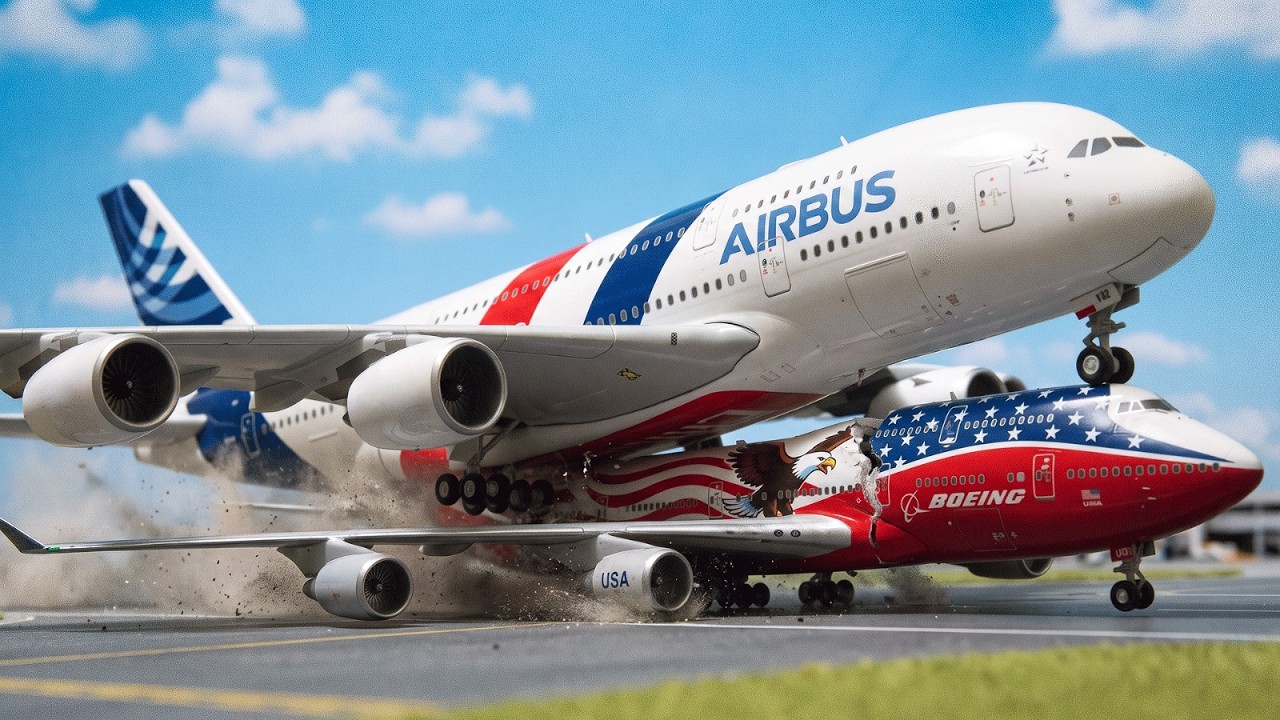 Un Airbus A380 décolle par-dessus un Boeing aux couleurs américaines écrasé sur la piste