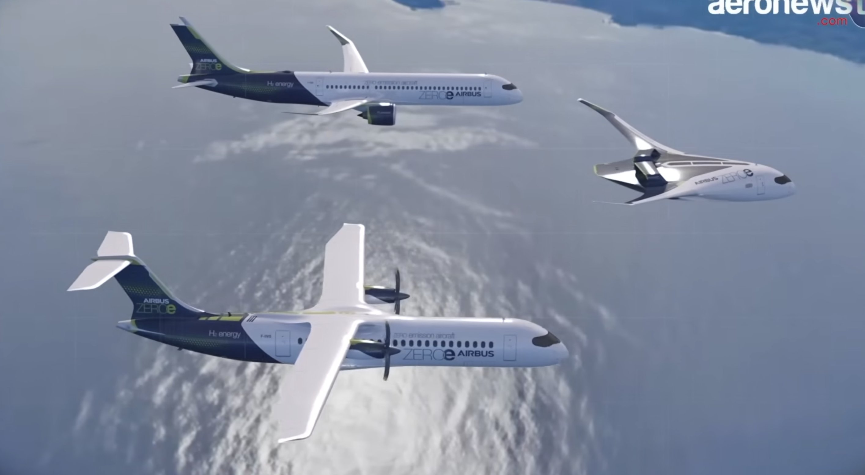 Les trois concepts d'avions à hydrogène ZEROe d'Airbus, annoncés pour 2035, en vol au-dessus de l'océan