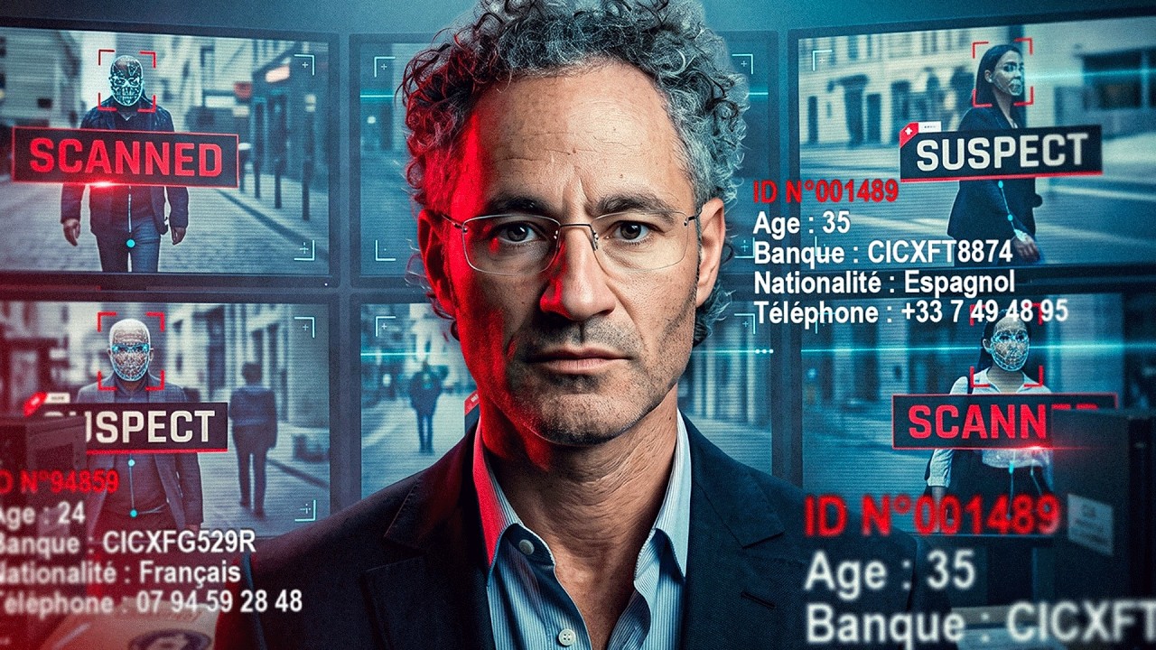 Alex Karp, PDG de Palantir, devant des écrans de surveillance qui scannent des passants