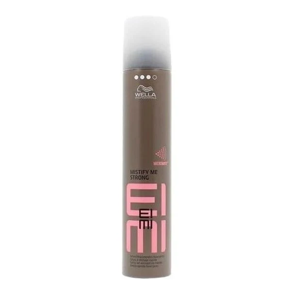 Flaska med Wella Professionals EIMI Mistify Me Strong Hairspray. stark hållbar stadga med lätt viktlös finish.