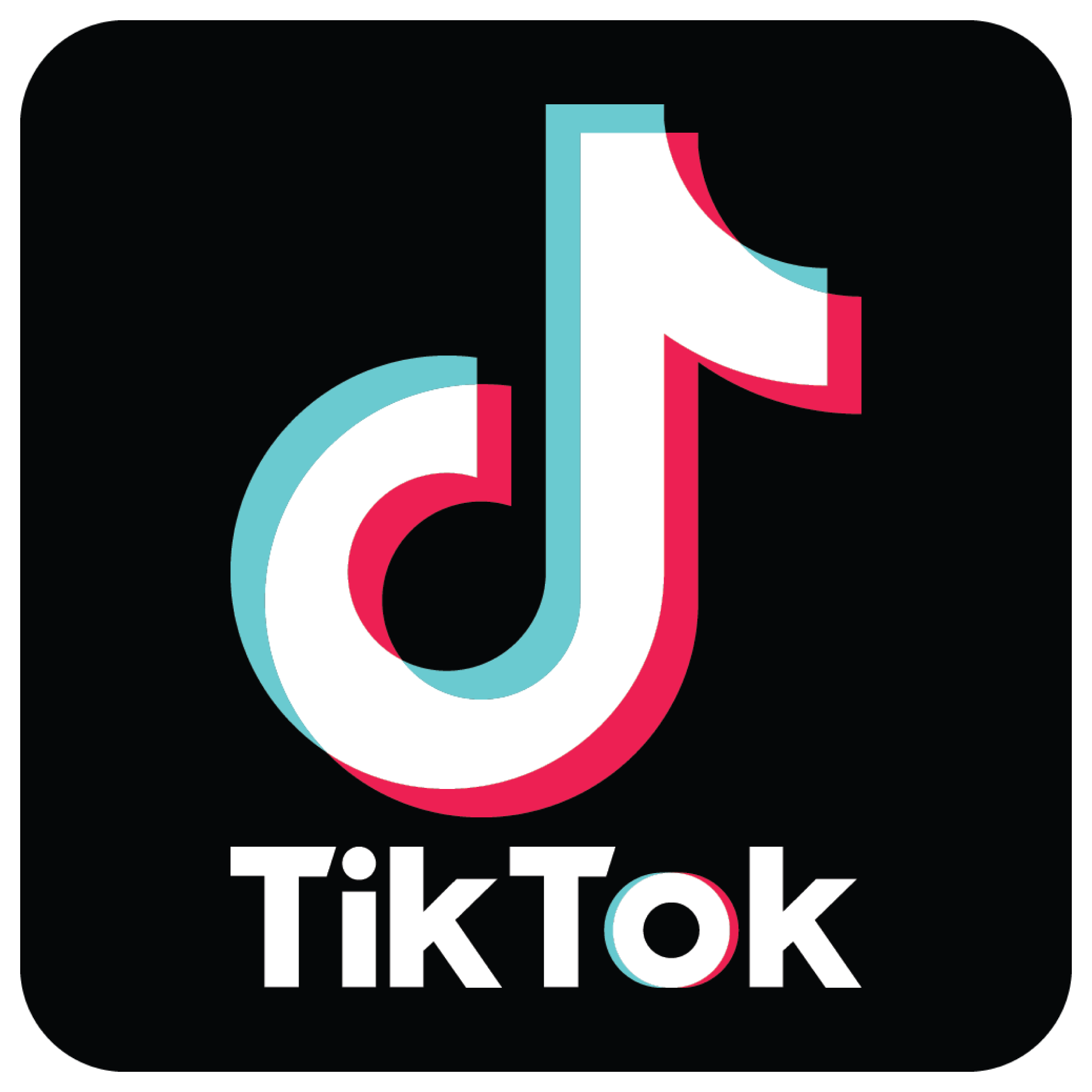 TikTok logo in white and pink on a black background.