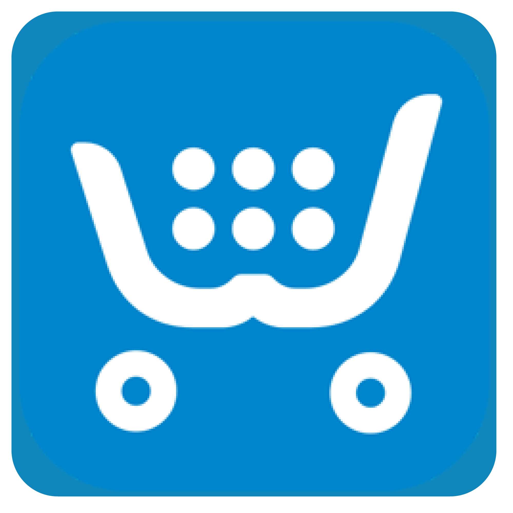 A blue app icon featuring a stylized white shopping cart with dots inside.