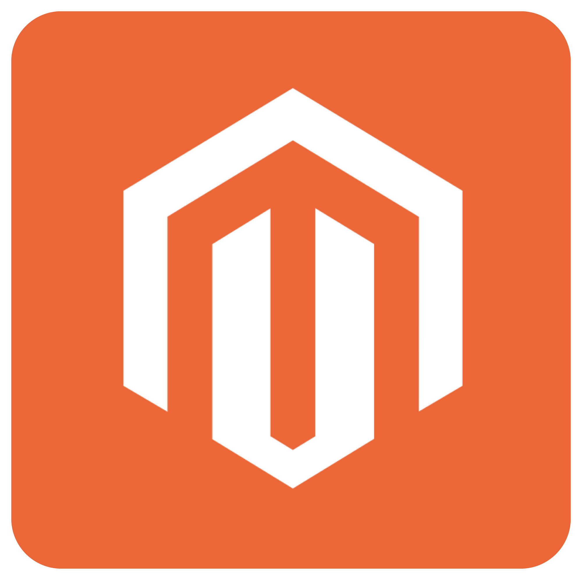 An orange square with a white geometric logo in the center resembling the letter "M".