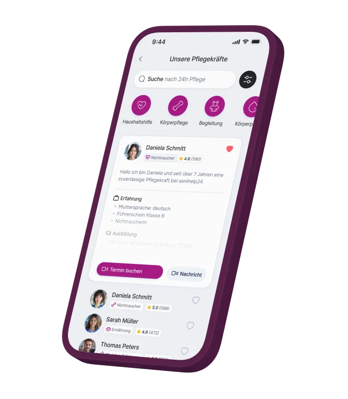 Senihelp24 App auf dem Smartphone – dunkle Ansicht