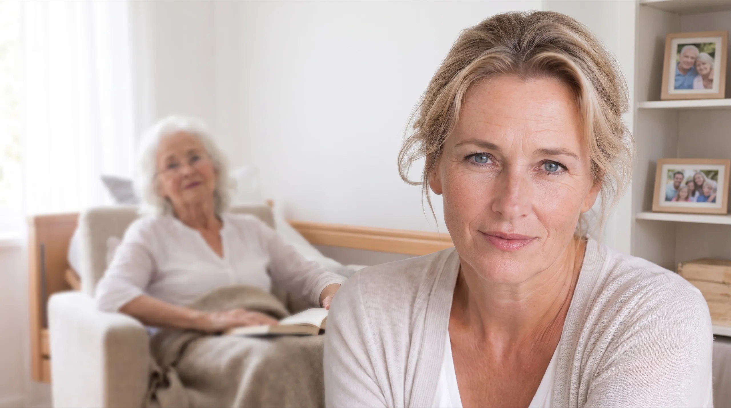Tochter zu Hause, im Hintergrund ihre Mutter im Sessel, 24-Stunden-Betreuung von Senihelp24