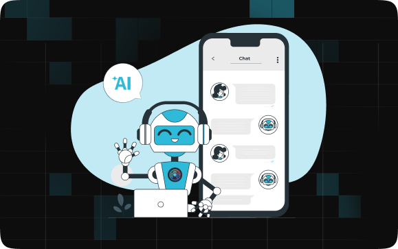 illustration of an AI-powered robot with headphones, representing an AI recruiting assistant, interacting with a mobile chat interface, highlighting AI in communication for recruitment