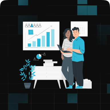 An illustration of two professionals analyzing a growth chart, representing strategies on how to grow a recruitment business