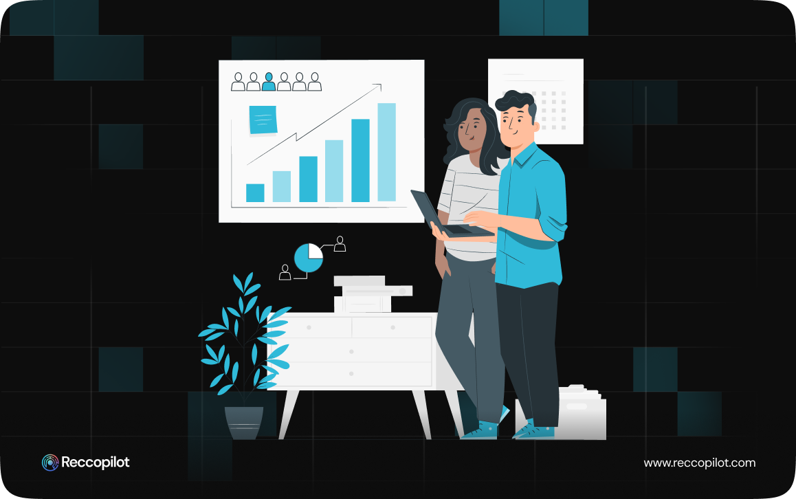 An illustration of two professionals analyzing a growth chart, representing strategies on how to grow a recruitment business