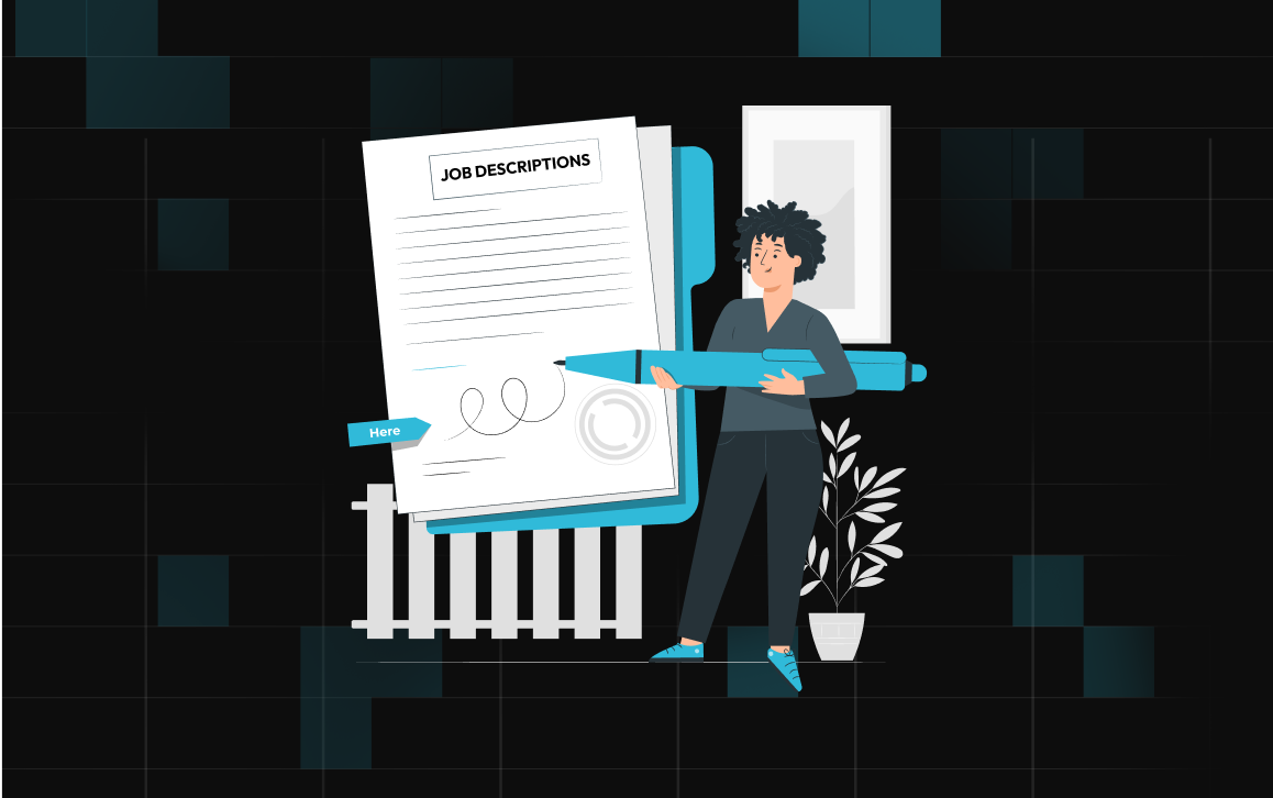 A person with curly hair holding a large blue pen and signing a stack of papers labeled "Job Descriptions." 