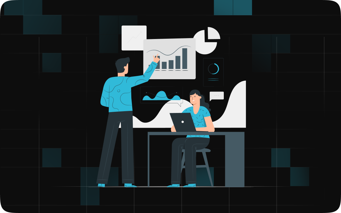 Two people using data and charts to analyze recruitment trends and make hiring decisions