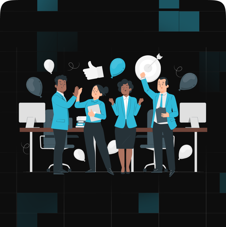 A diverse group of HR professionals celebrating with high-fives and balloons