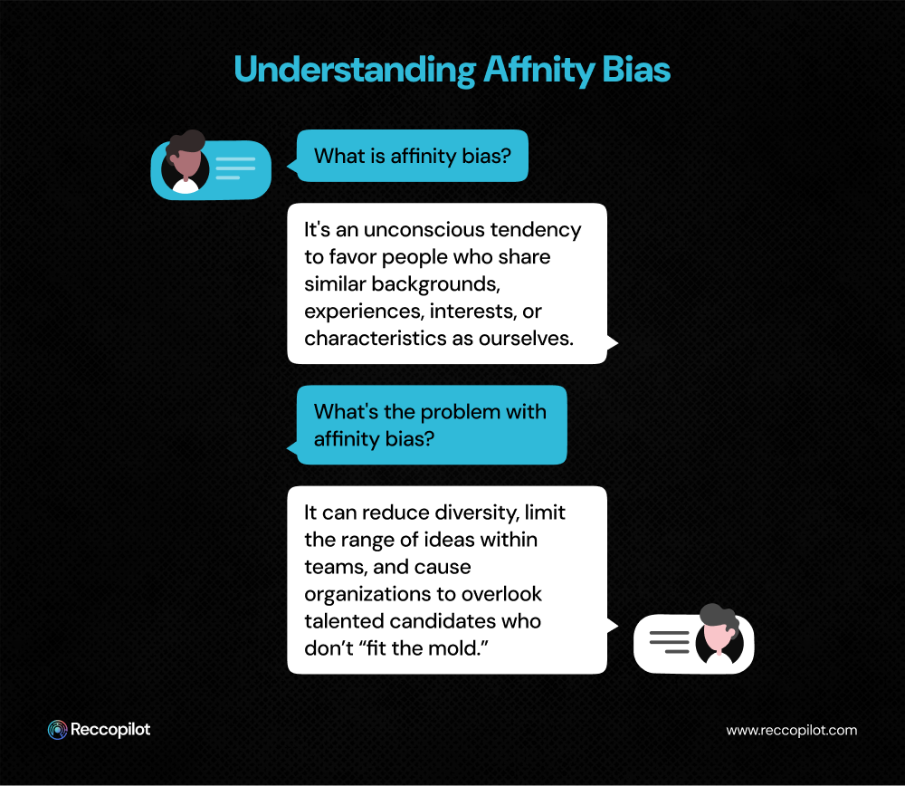 Infographic explaining what affinity bias is in the workplace how favoring similar backgrounds can limit diversity and overlook top talent.