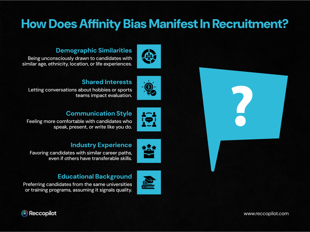 Infographic explaining what affinity bias is in recruitment showing how shared interests, demographics, and education can unconsciously influence hiring decisions. Created by Reccopilot, the AI recruiting agent
