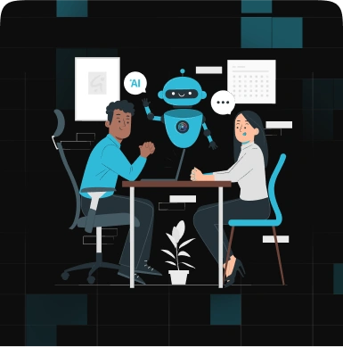 Two people collaborating with a friendly AI recruiter on a laptop, demonstrating how Tech recruiters use AI for more efficient Tech recruitment