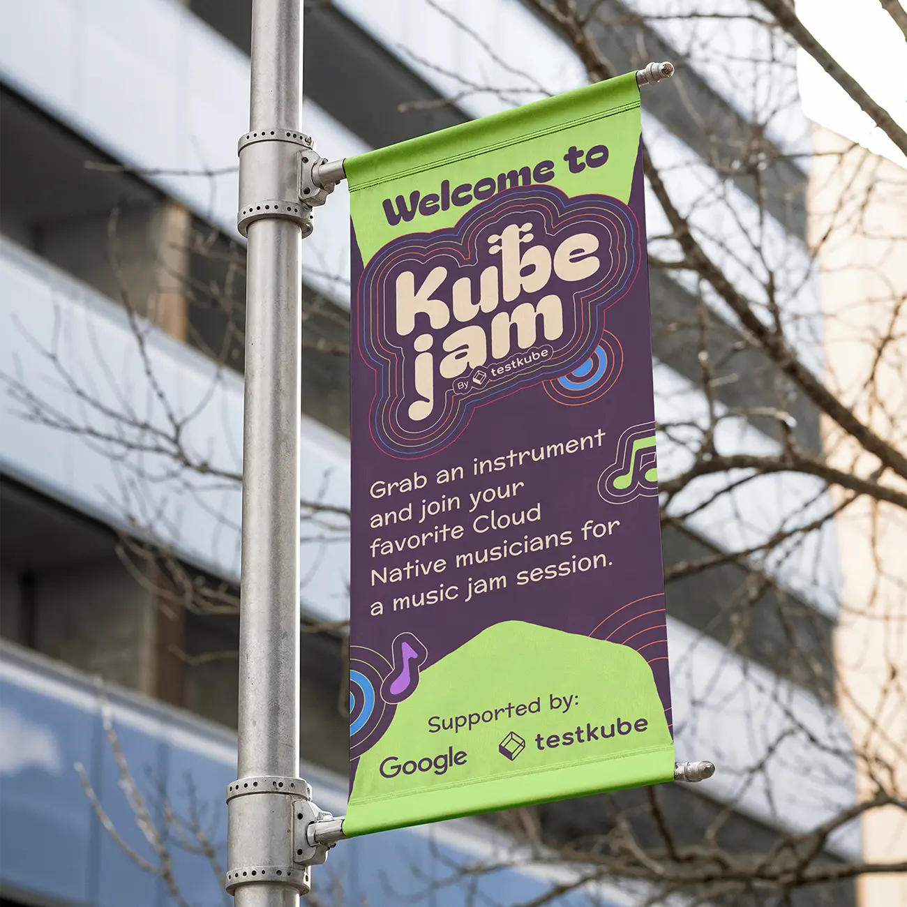 KubeJam event street pole banner — Welcome to KubeJam with contour line design, supported by Google and Testkube