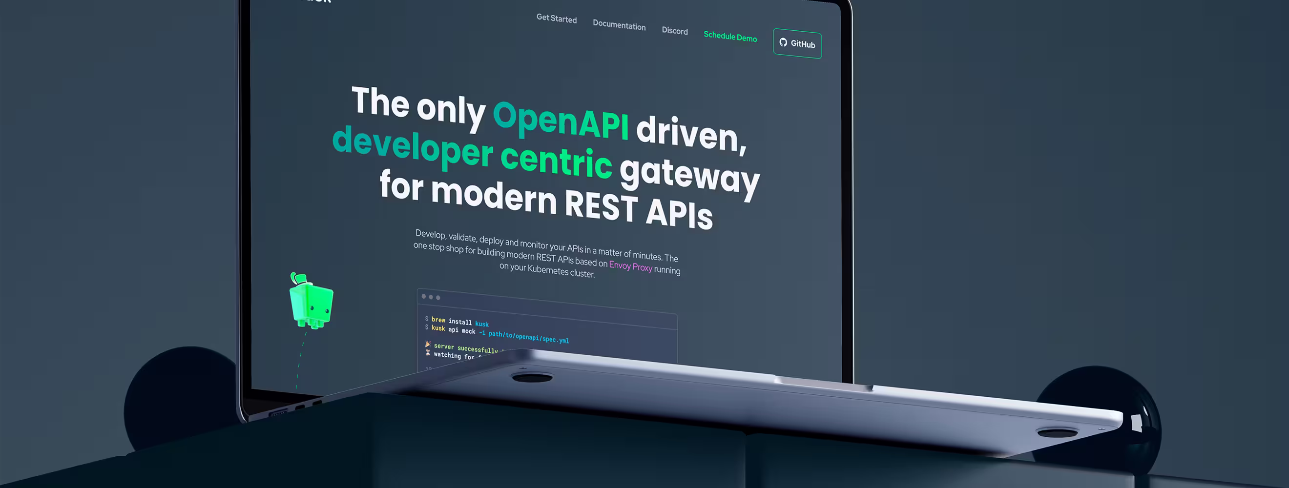Kusk website design on a laptop — The only OpenAPI driven, developer centric gateway for modern REST APIs with the Kusk mascot and terminal commands