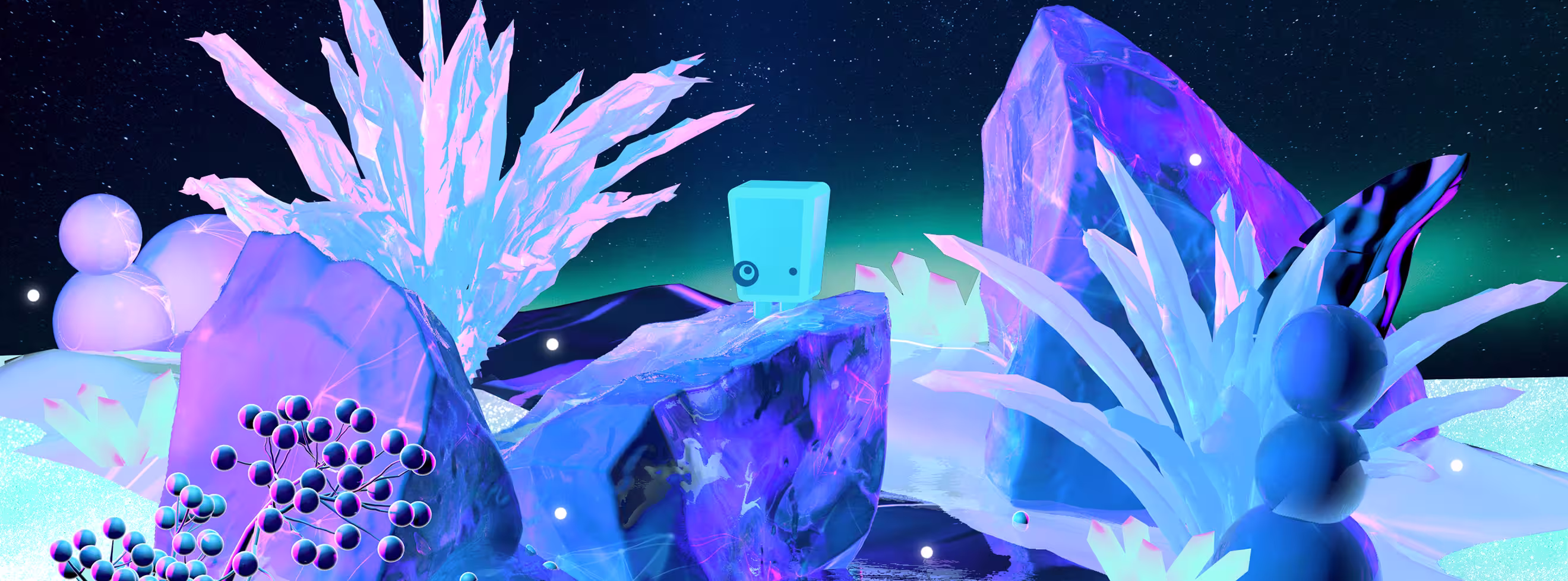 Monokle brand illustration — crystal mountain landscape with ice formations, glowing elements, and the Monokle mascot perched on a crystal