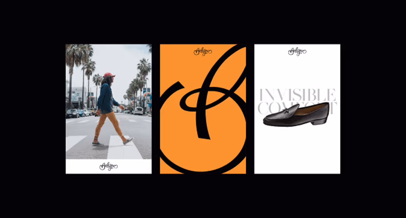 Belgian fashion brand identity — three images showing street photography, orange typographic logomark, and product photography