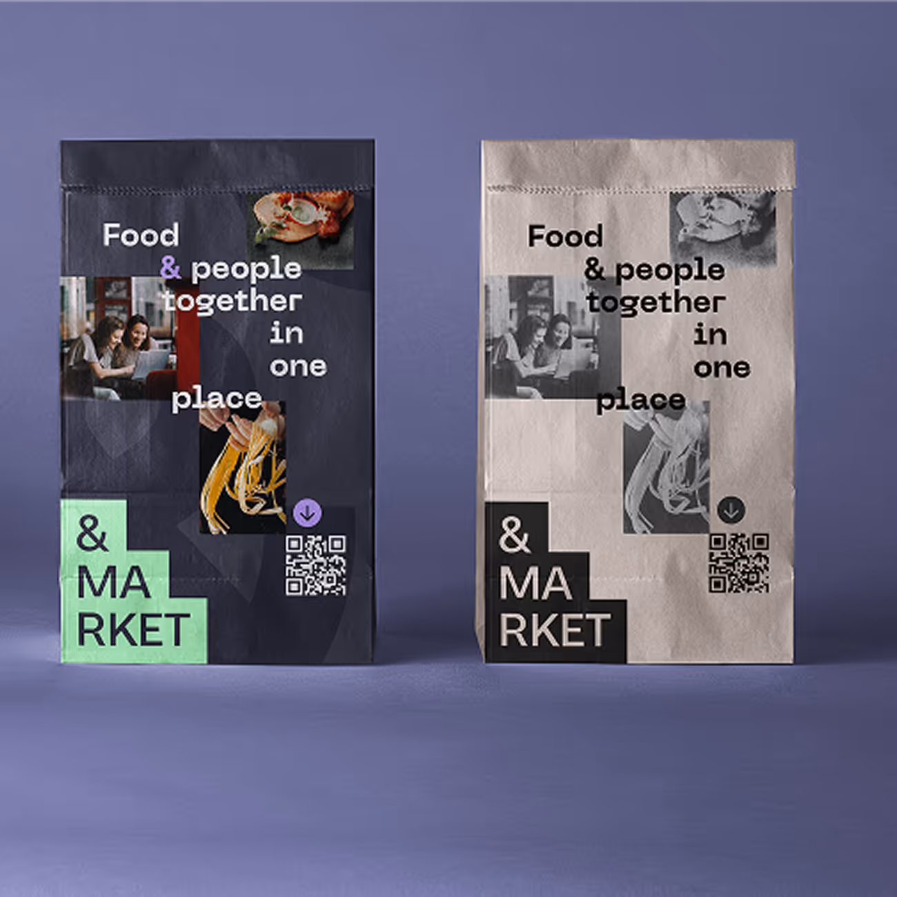&Market brand identity — two branded paper bags with Food & people together in one place messaging and QR codes