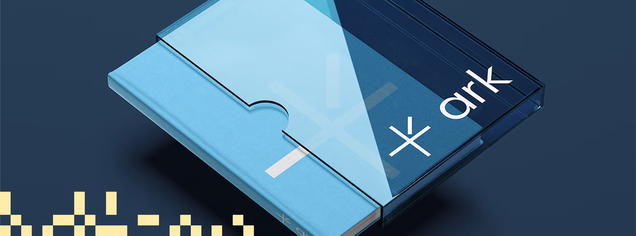 Ark brand identity — translucent blue acrylic business card holder with embossed Ark logo and cross symbol