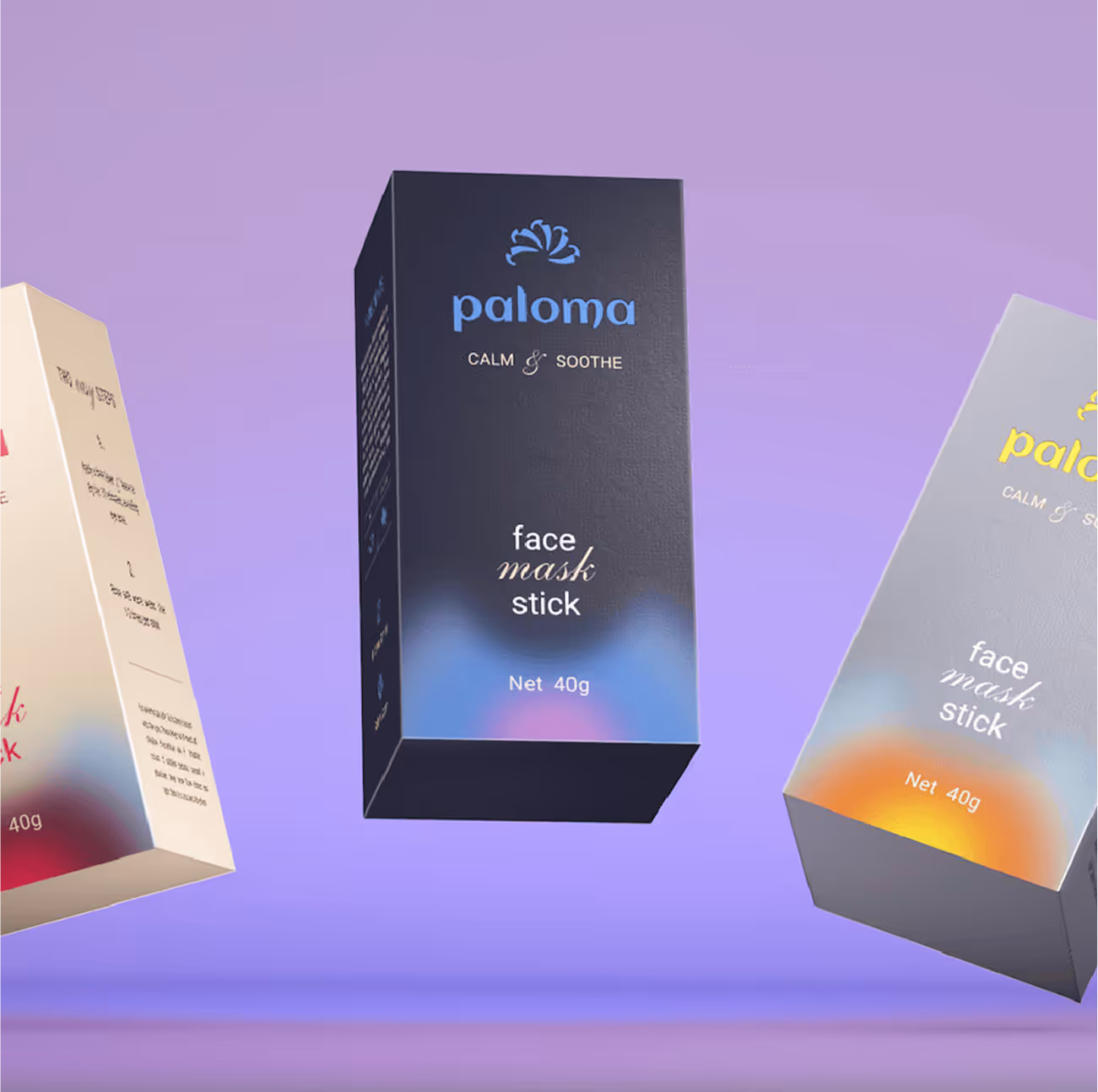 Paloma cosmetics brand and packaging design — face mask stick products in gradient boxes displayed against a lavender background