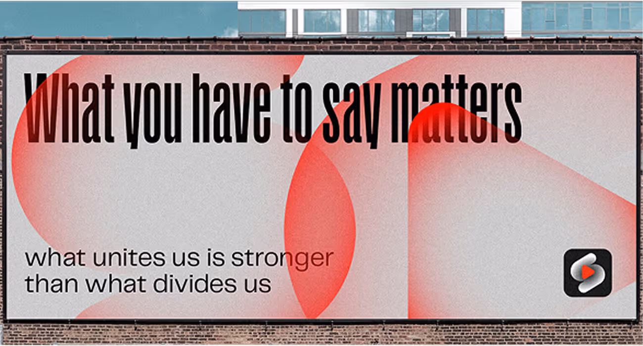 Sezwe social platform brand identity — poster design with What you have to say matters and what unites us is stronger than what divides us messaging