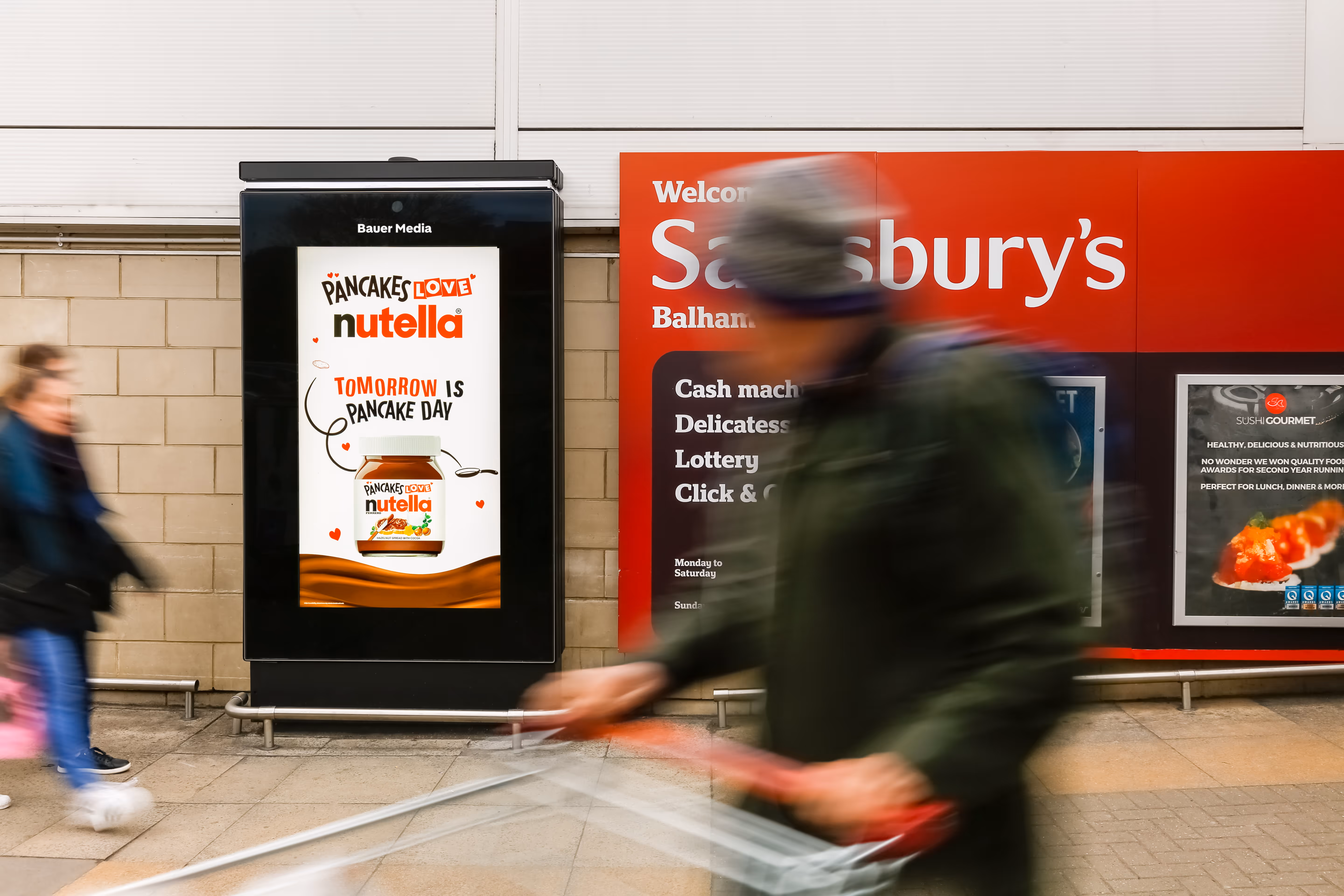 A nutella 'Pancake Day' advert displaying on a Sainsbury's Live digital screen
