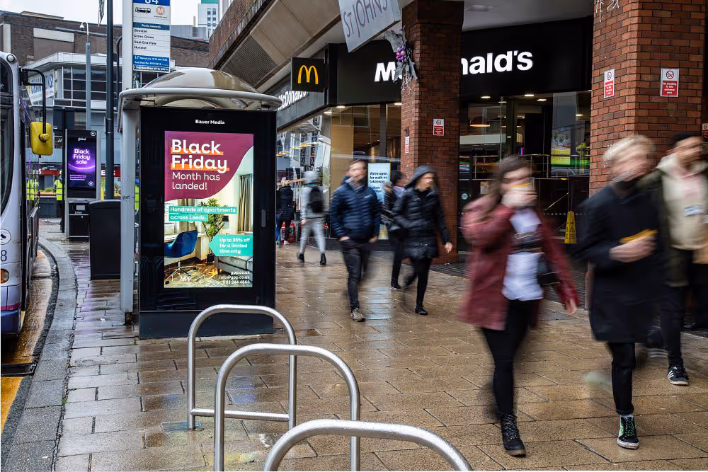 Yorkshire Prosperity ad campaign outside McDonalds on an Adshel Live screen