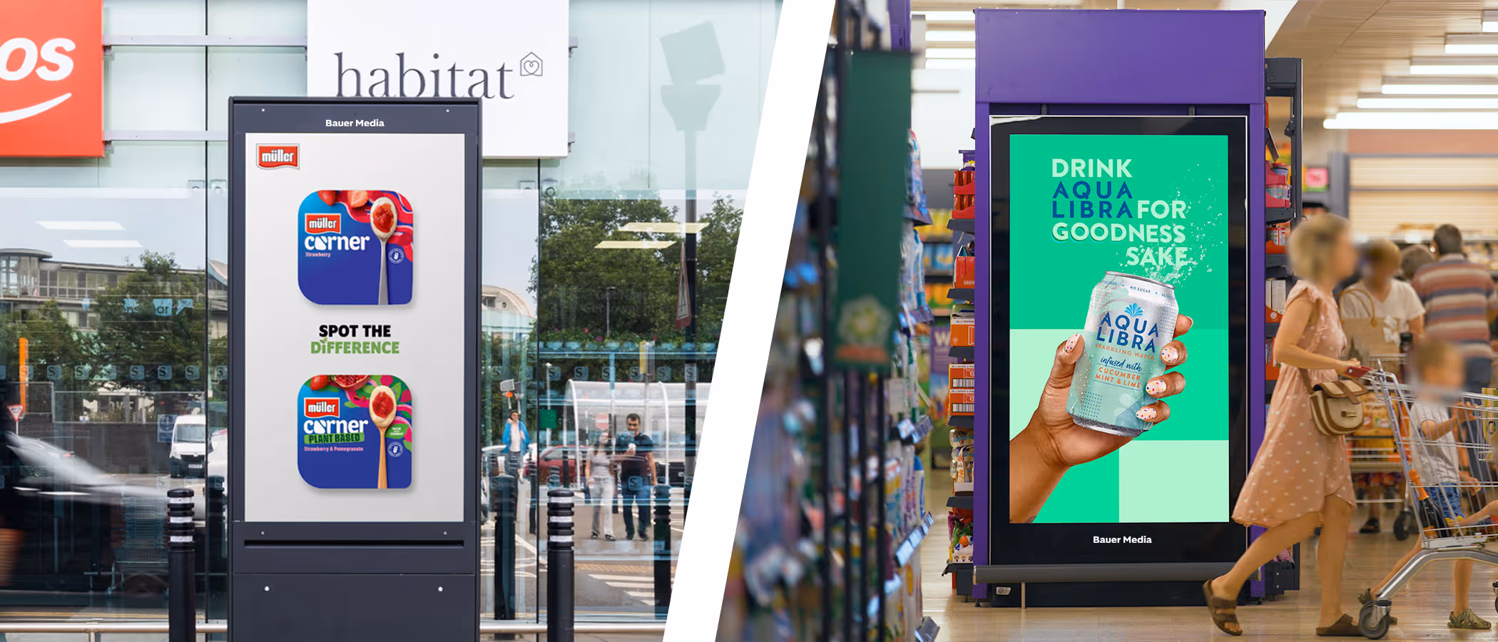 Left image: Bauer Media Outdoor digital advertising screen outside Sainsbury's displays a Müller Corner yogurt.
Right image: Bauer Media Outdoor digital advertising screen inside a supermarket displays an Aqua Libra sparkling water ad as a shopper walks past the aisle.