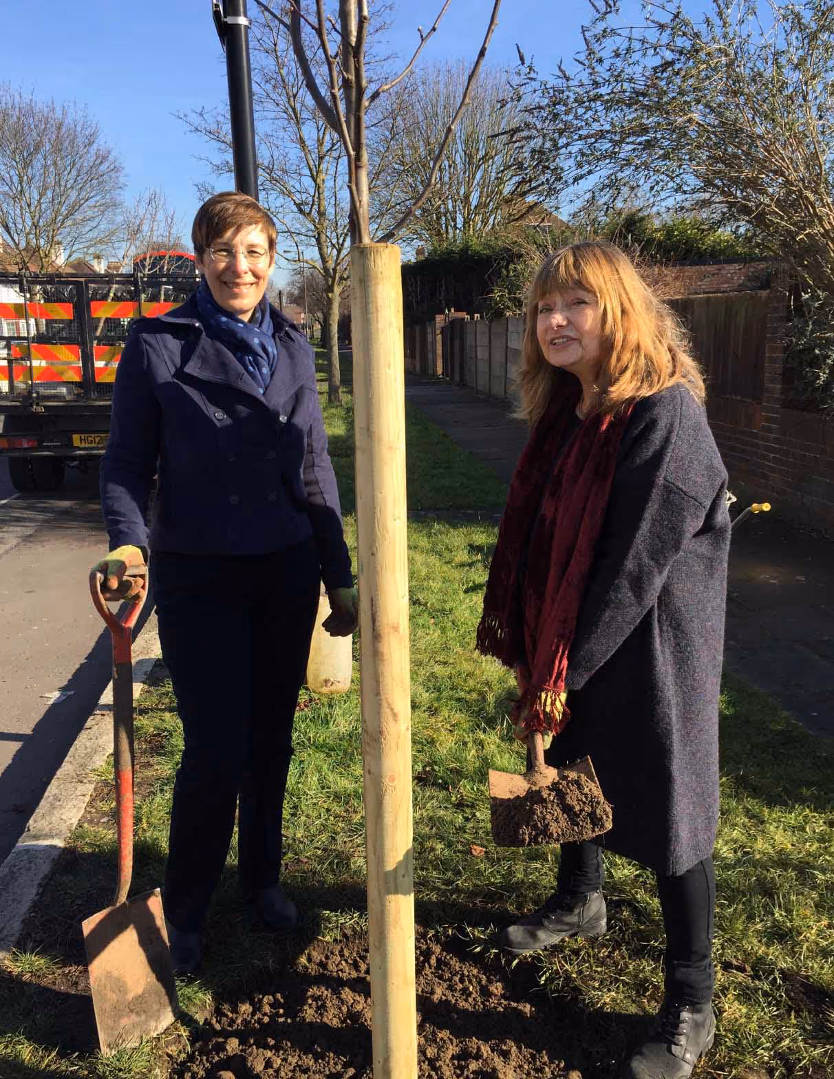 Two women planting a tree with shovels
