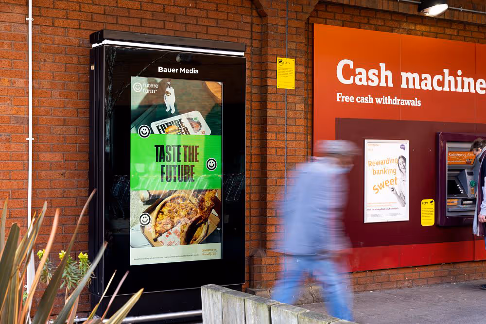 Future Farm campaign featuring on a Sainsbury's screen next to a cash machine