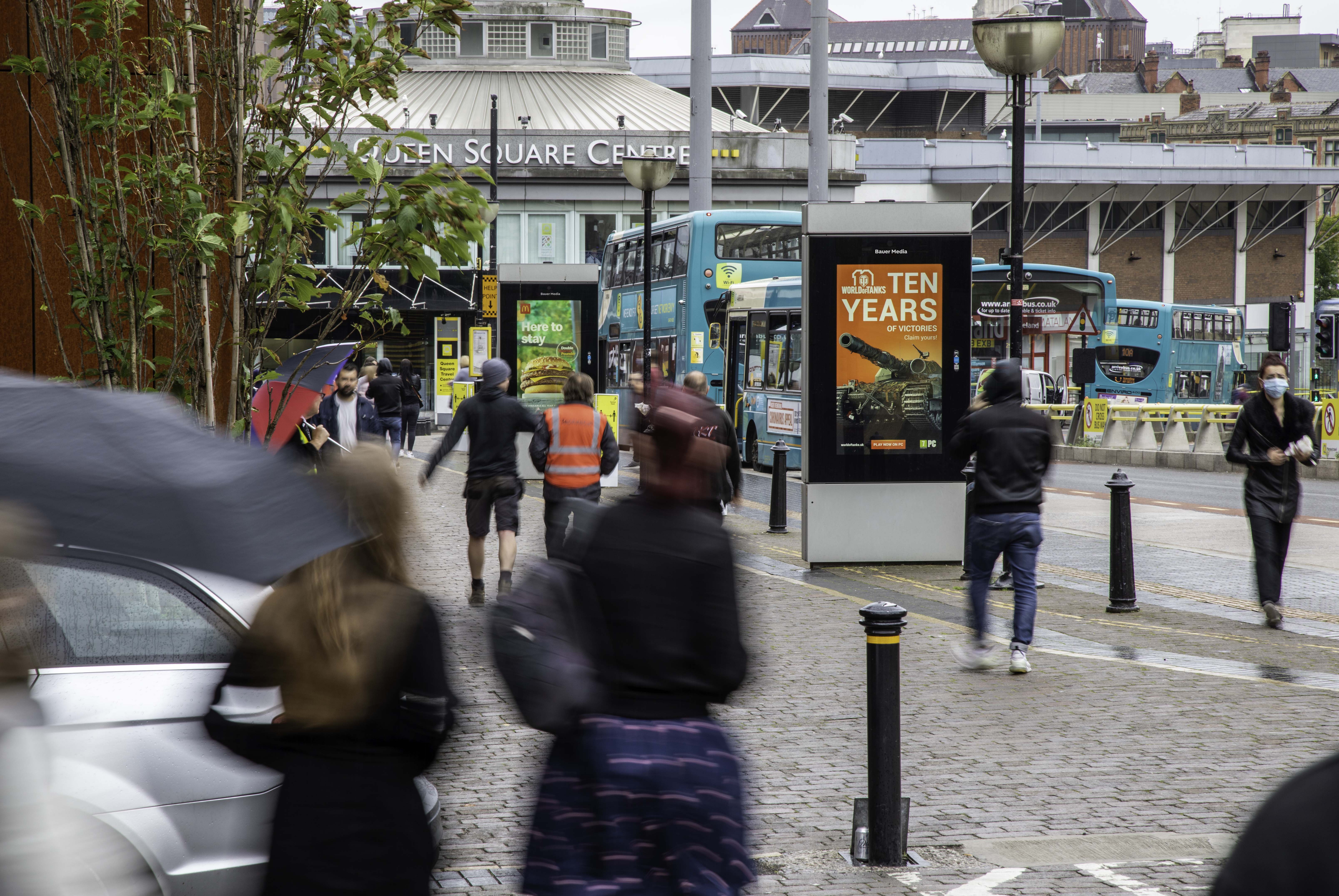 Wargaming advertising on a digital roadside screen in front on Queen Square Centre