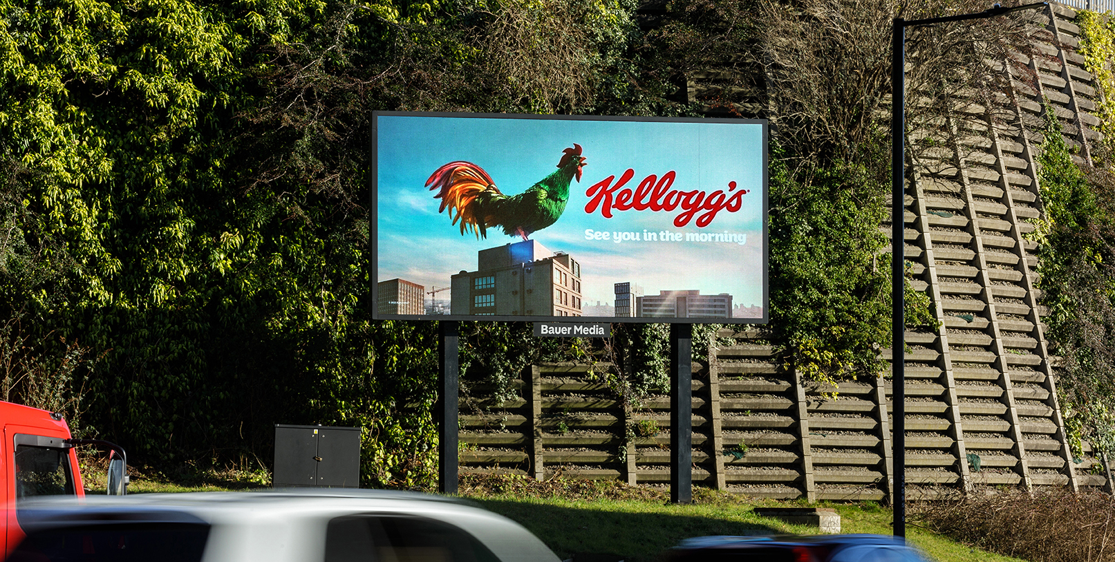 A digital billboard with a Kelloggs cereal advert.