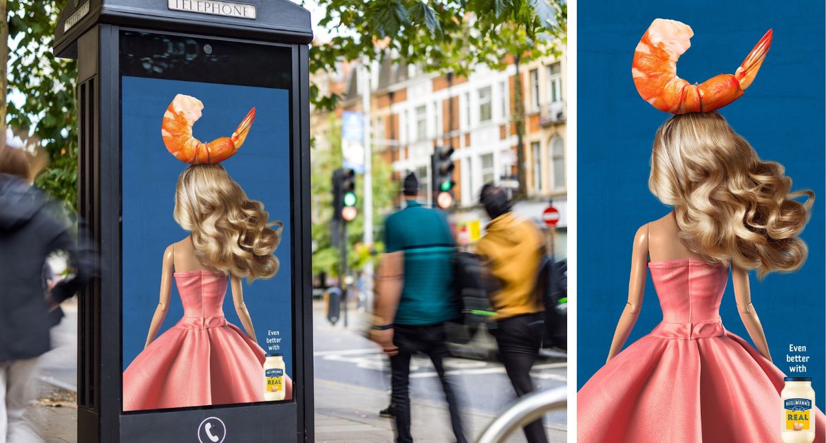 People walking by a Hellman's reactive Out of Home advert featuring Barbie