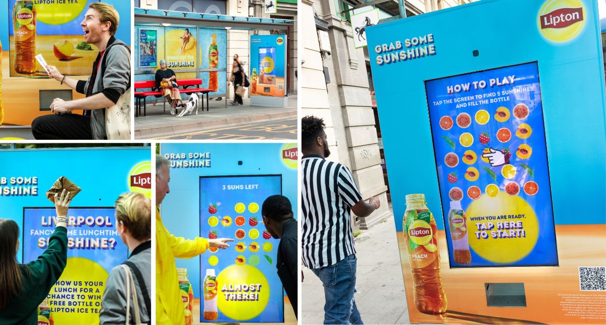 People interacting with a Lipton Out of Home advert featuring a touch screen game