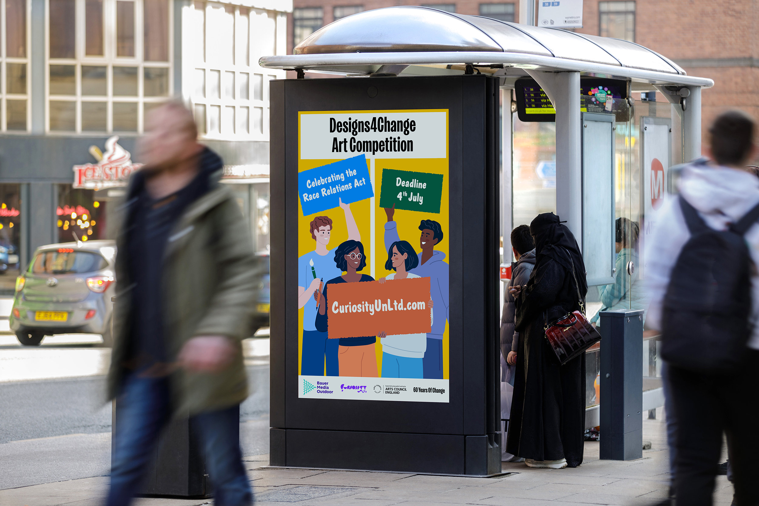 A digital screen at a bus shelter promoting art competition