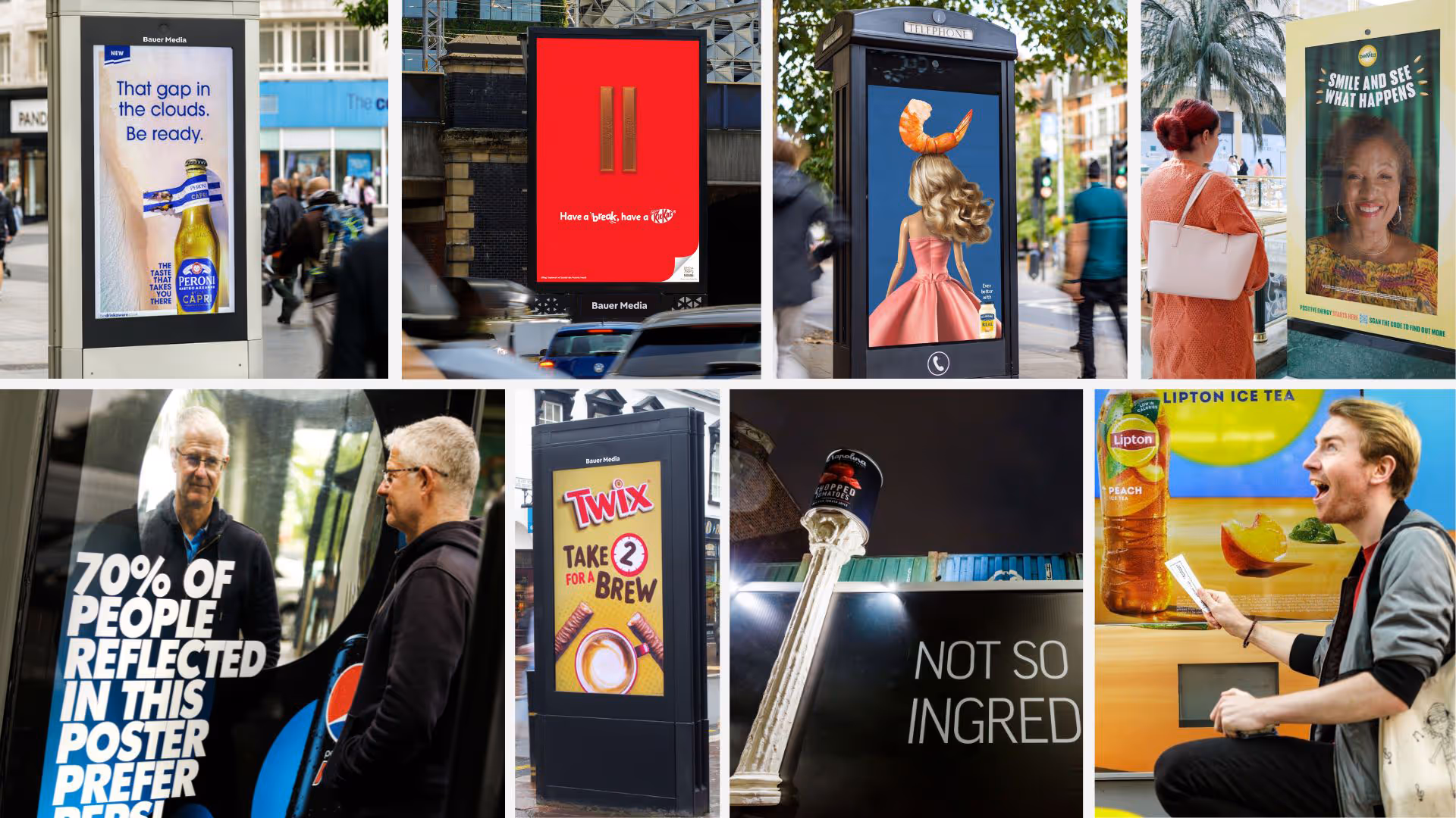 A collage of digital screens featuring out of home campaigns from Peroni, Twix, Hellman's, Napolina and Lipton