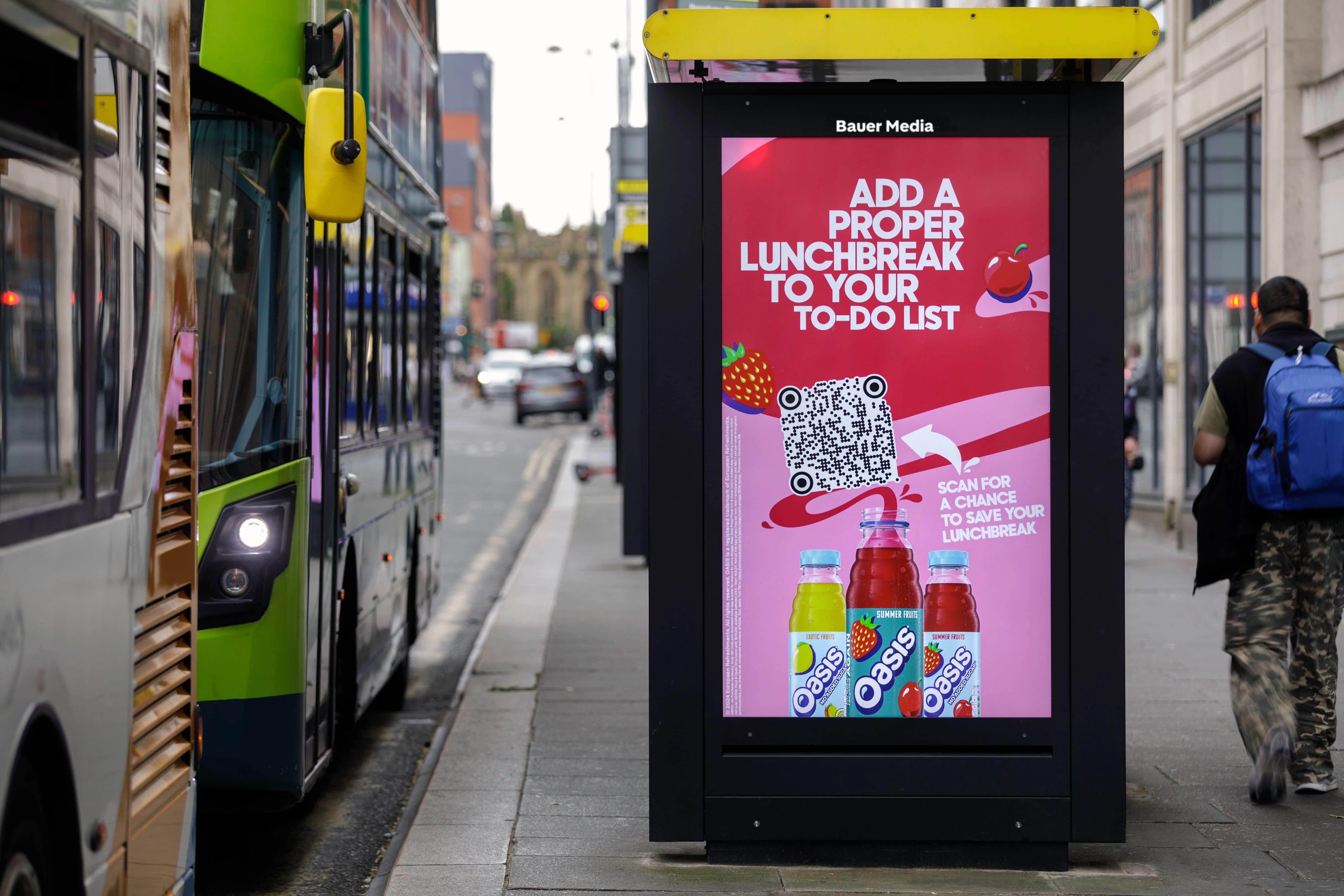 Adshel Live screen on a bus shelter in Liverpool