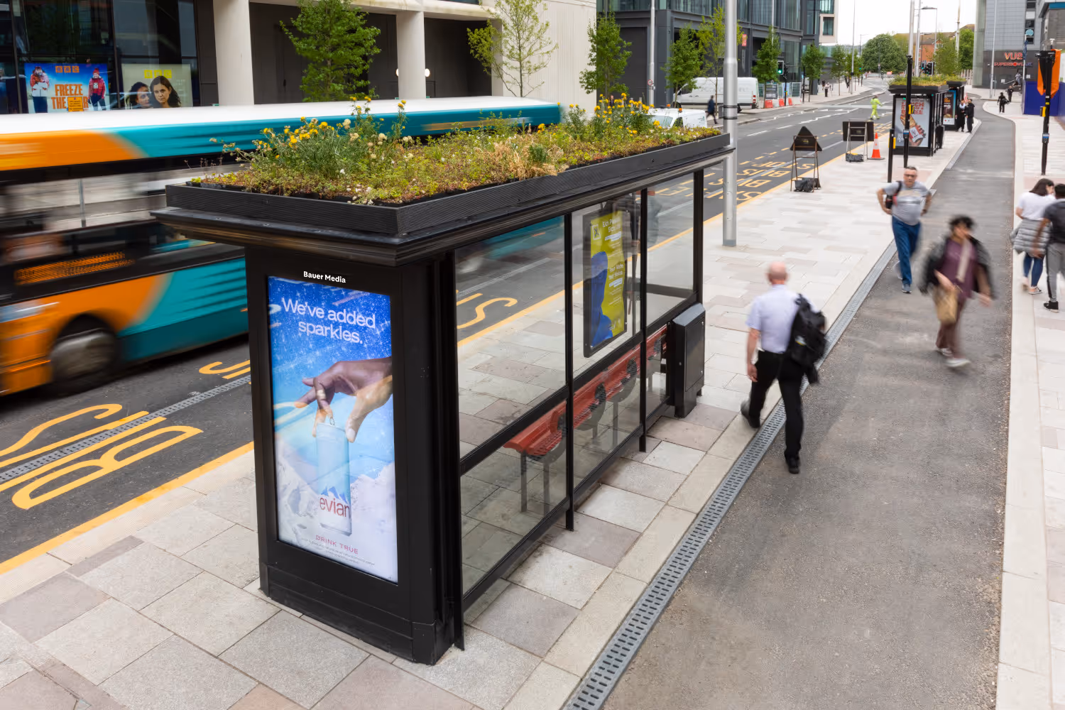 A bus shelter with a living roof in Cardiff