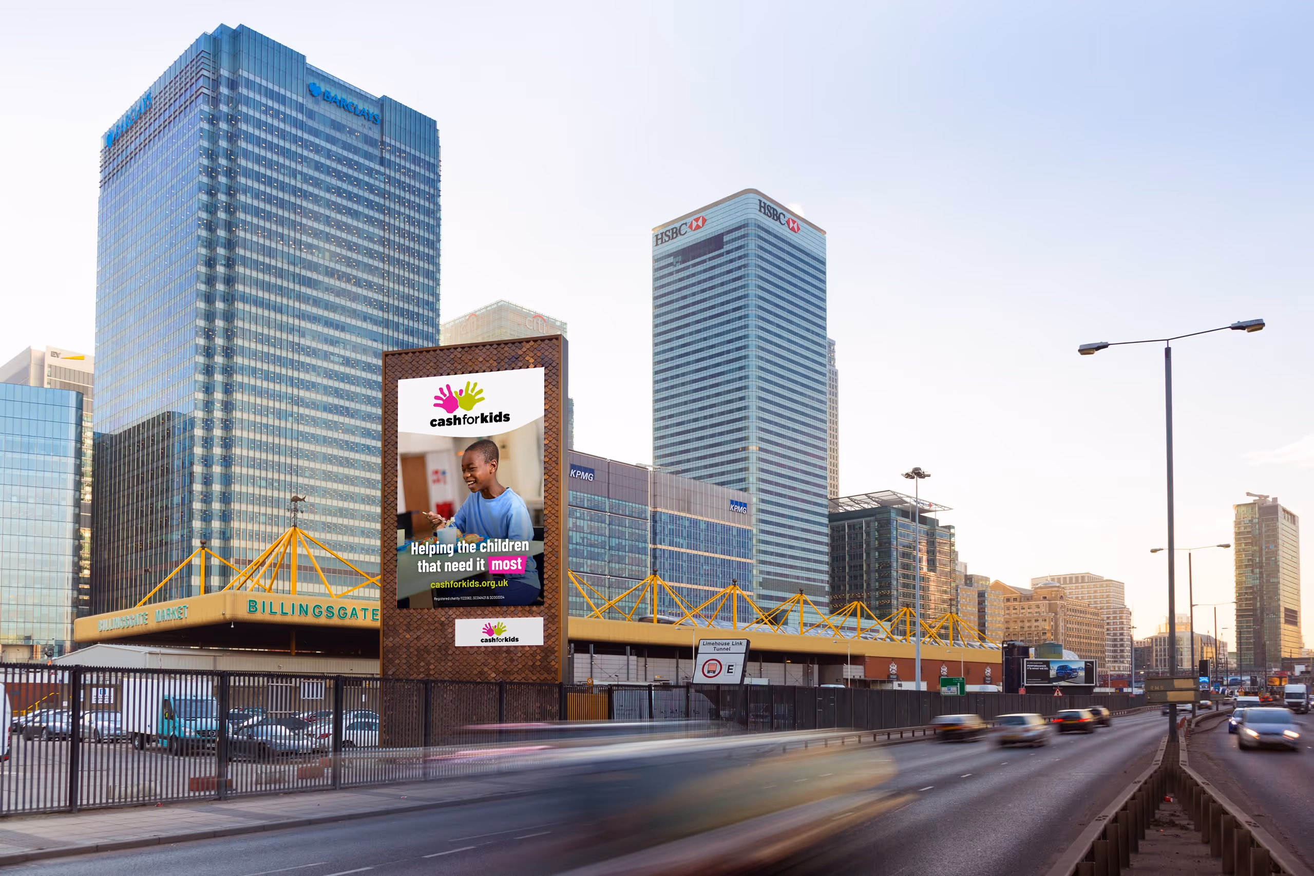 Cash For Kids charity poster on a Bauer Media Outdoor digital billboard