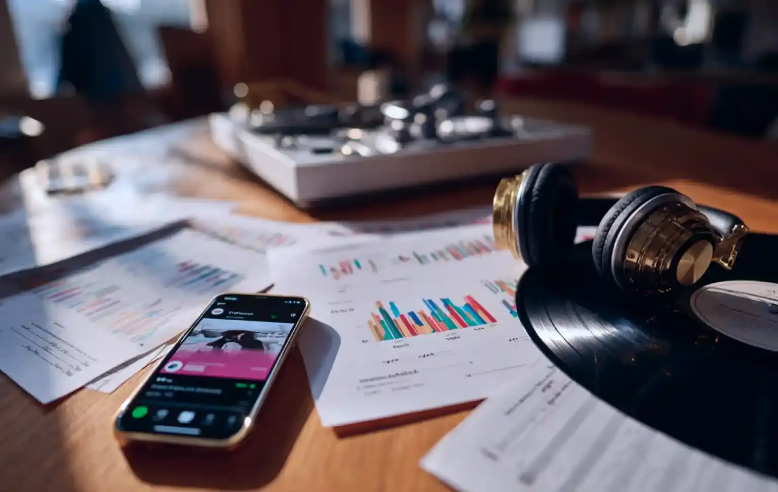 Smartphone che mostra l'app di streaming musicale accanto alle cuffie