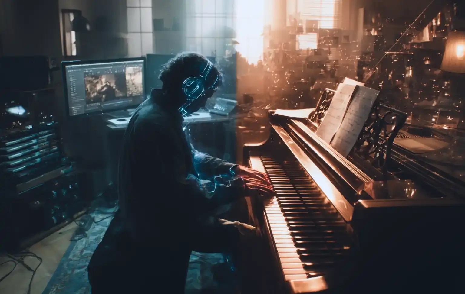 creative image of a man wearing a headset playing the piano