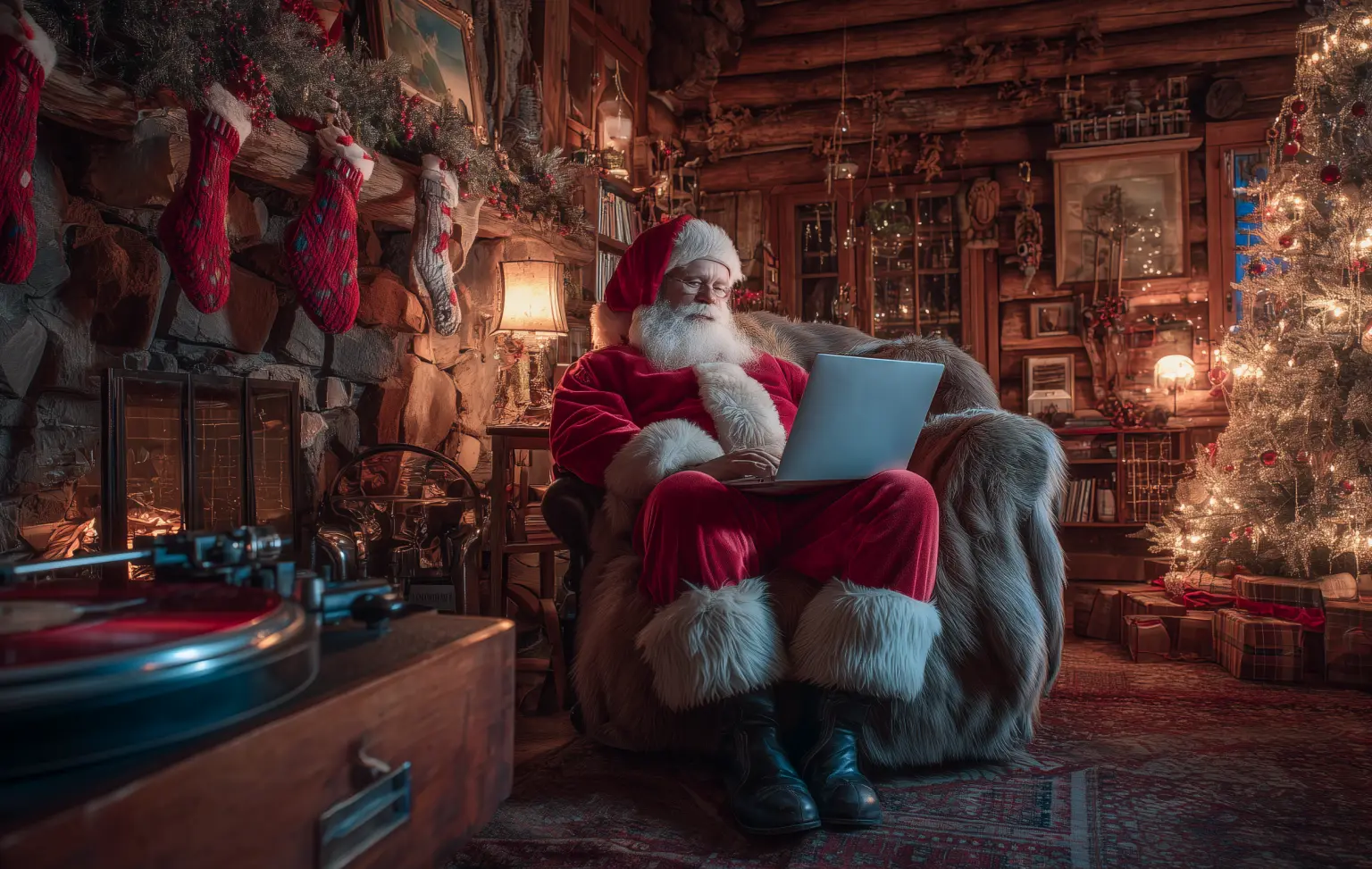 Santa Claus reading from the laptop in the living room