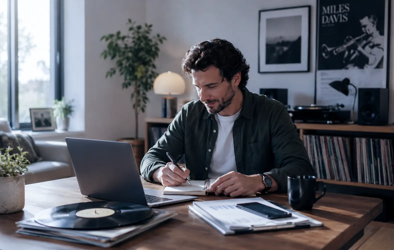 man in front of his computer in a relaxed home environment