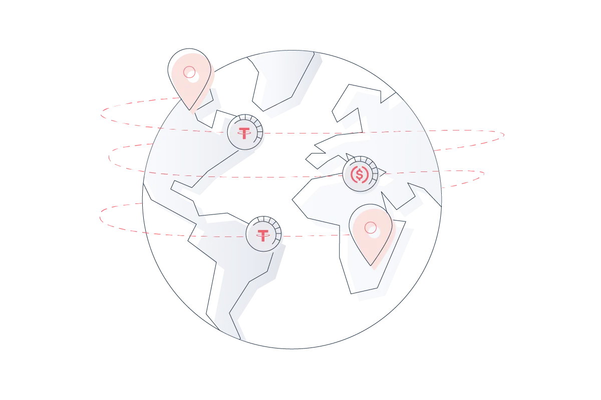 Illustration of a globe with location pins and stablecoin icons (USDT and USDC), representing global cross-border cryptocurrency payments.