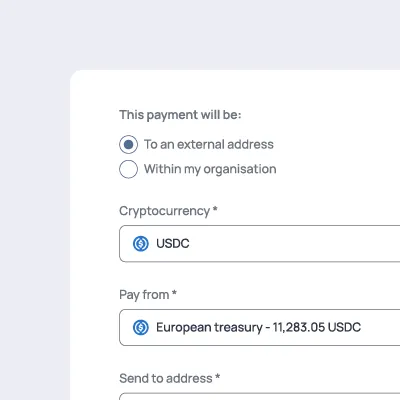 Crypto payment form to send USDC externally or internally, using 11,283.05 USDC from the European treasury balance.