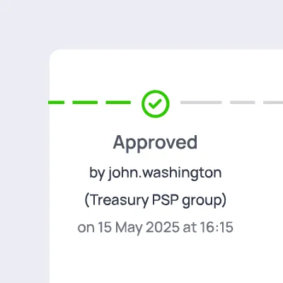 Approval step with green check icon. Approved by john.washington from Treasury PSP group in the transaction timeline.